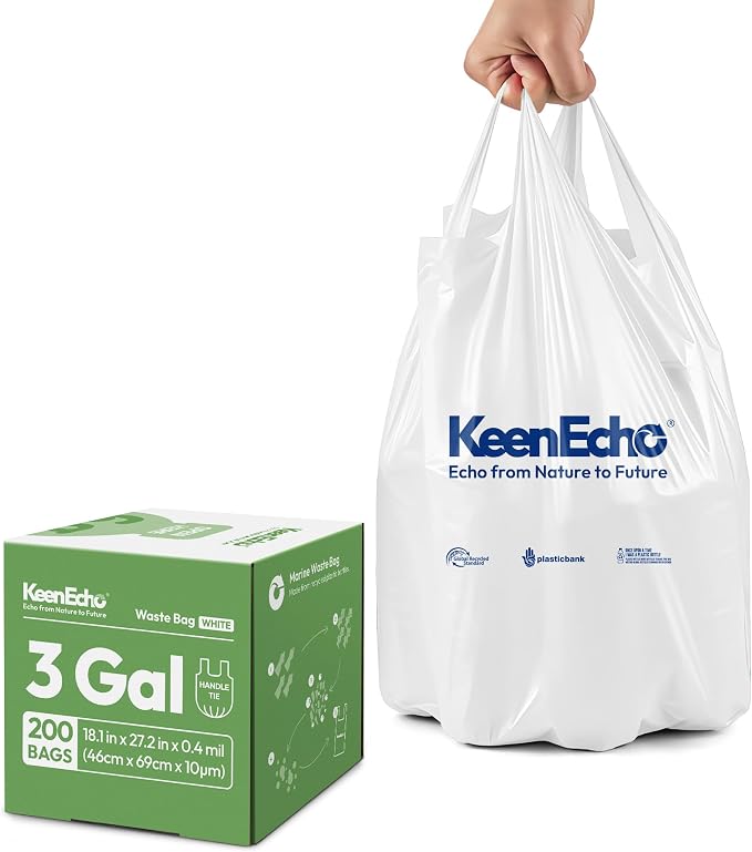 Small Trash Bags with Handles - Ocean Plastic Upcycling - Plastic Garbage Bags, Can Bin & Waste Basket Liner for Kitchen, Bathroom, Office and Pets,3 Gallon 200 Count White