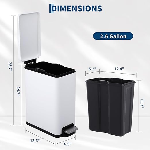 Slim Narrow Kitchen Trash Can with Lid, 10L Stainless Steel Step Pedal Garbage Can, Soft Close & Stay Open Lid Design, Space Saving Trash Bin with Removable Inner Bucket for Kitchen, Bathroom,White