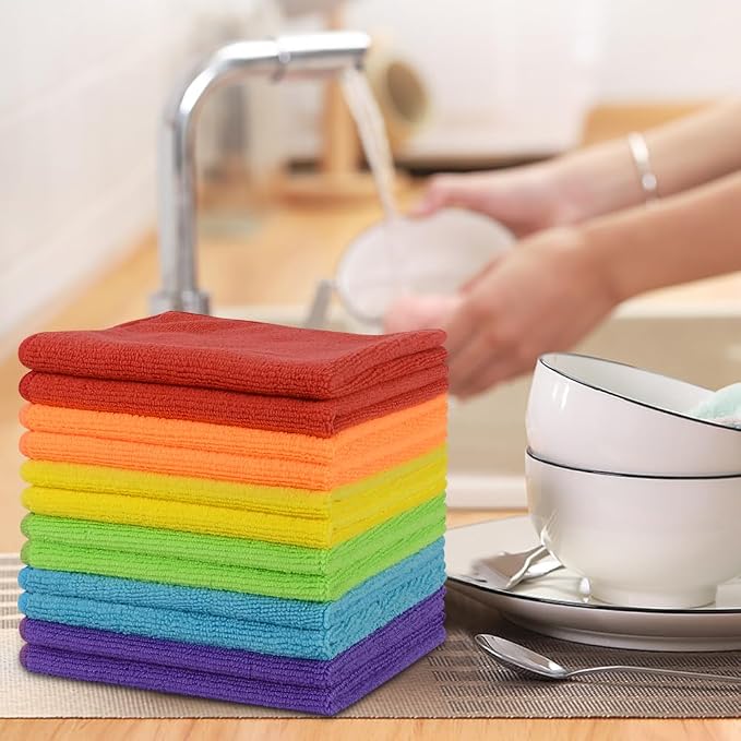 Microfiber Rag Cleaning Cloth Kitchen Dish Cloths 12x12inch 12 Pack | Absorbent, Quick Dry, Streak Free, Dish Rags, Glass Cloths