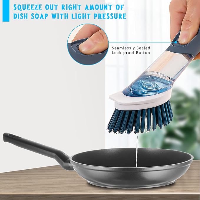 Dish Cleaning Brush, Soap Dispensing Dish Brush Set with 4 Replacement Heads and Storage Holder, Kitchen Scrub Brush for Dish Pot Pan Sink Cleaning (Blue) | Dish Brush with 4 Replacement Heads and Storage Holder, Kitchen Scrub Brush for Dish Pot Pan Si...