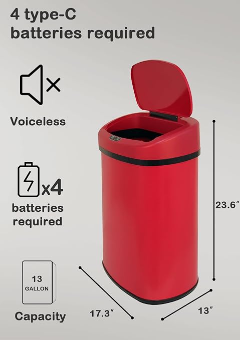 50L/13 Gallon Automatic Trash Can Garbage Can, Large Stainless Steel Kitchen Trash Can Motion Sensor Garbage Can Touchless Trash Bin with Lid for Kitchen Home Office, Soft Close Lid (Red)