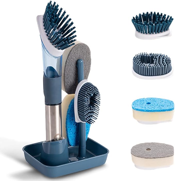 Dish Cleaning Brush, Soap Dispensing Dish Brush Set with 4 Replacement Heads and Storage Holder, Kitchen Scrub Brush for Dish Pot Pan Sink Cleaning (Blue) | Dish Brush with 4 Replacement Heads and Storage Holder, Kitchen Scrub Brush for Dish Pot Pan Si...