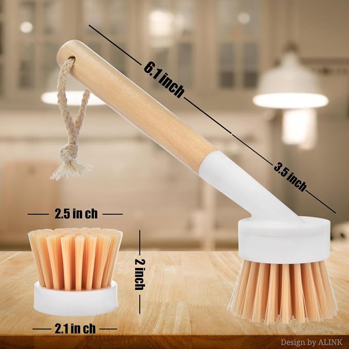 ALINK Dish Brush with Handle and 3 Replacement Heads, Pot and Pan Cleaning Scrub Brush for Kitchen, Sink, Stove, Cast Iron Scrubber