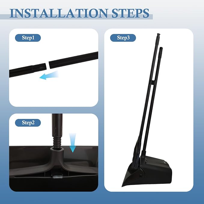 Broom and Dustpan Set， Dust Pan and Broom Combo | Long Handle and Wheels, Upright Standing，Heavy Duty，Large， for Indoor Outdoor, Kitchen, Garage, Restaurant Cleaning –Black