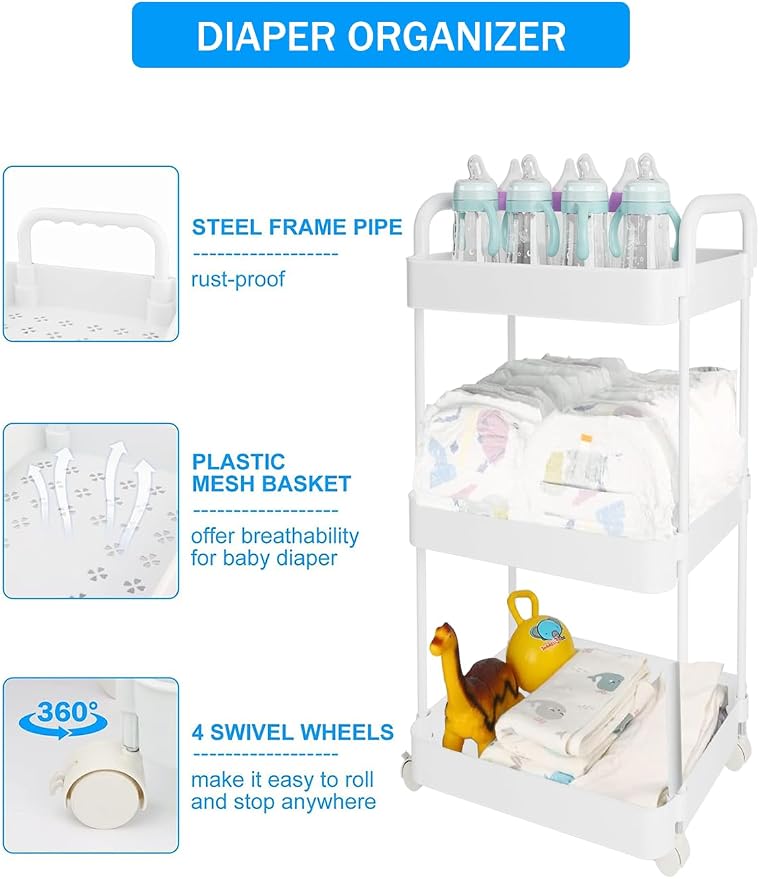 Volnamal Diaper Caddy Cart, 3-Tier Plastic Rolling Cart with Handle, White | Multi-Functional Diaper Organizer for Wipes & Diapers, Newborn Essentials Must Haves, Easy to Assemble, Baby Registry Search