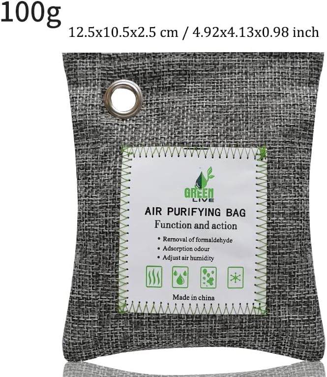 Bamboo Charcoal Bags Odor Absorber, 100g, 2 Packs, with Steel Hooks | Charcoal Deodorizer Bags with Hooks, Nature Bamboo Charcoals Air Purifying Bags, Activated Charcoals Odor Absorbers