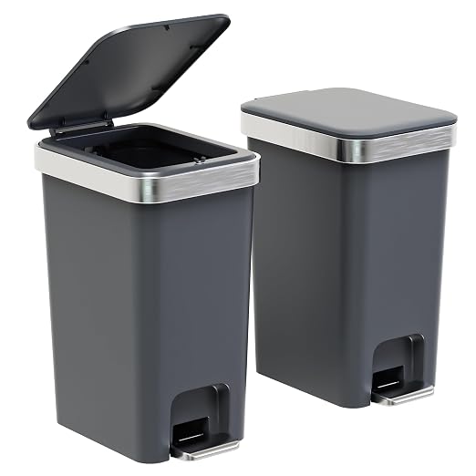 2PACK 2.6 Gal Small Bathroom Trash Can with Lid Foot Pedal,Dark Gray | Step Pedal Wastebasket Plastic Garbage Can with Pop-Up Lid for Kitchen,Bedroom,Office,Dorm,Laundry,Restroom,Rv,White