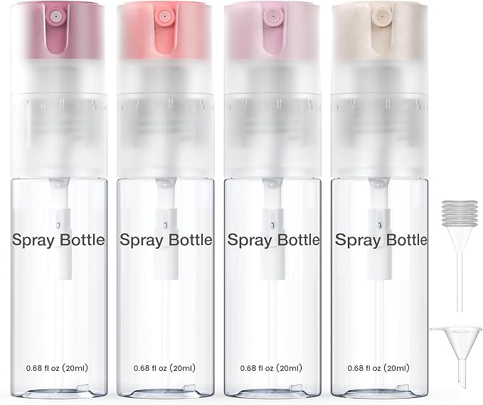 4 Pack Refillable Spray Bottle, Reversible Small Empty Spray Bottle with Fine Mist, Leak Proof - for Cleaning Solutions, Mosquito prevention, Face & Hair Mist - 4pk 0.68 OZ / 20 ML