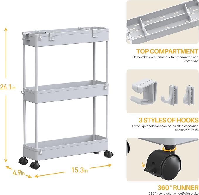 Slim Storage Cart 3 Tier,Bathroom Organizer Rolling Utility,Mobile Shelving Unit Slide Out for Office, Kitchen, Laundry Room & Narrow Places,Gray