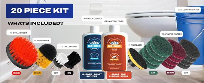 Diamond Shine 20-Piece Hard Water Stain Cleaning Kit – Drill Brushes, Bucket & Lid, Scouring Pads & Diamond Cleaner for Tile, Bathroom, Shower Glass & Chrome