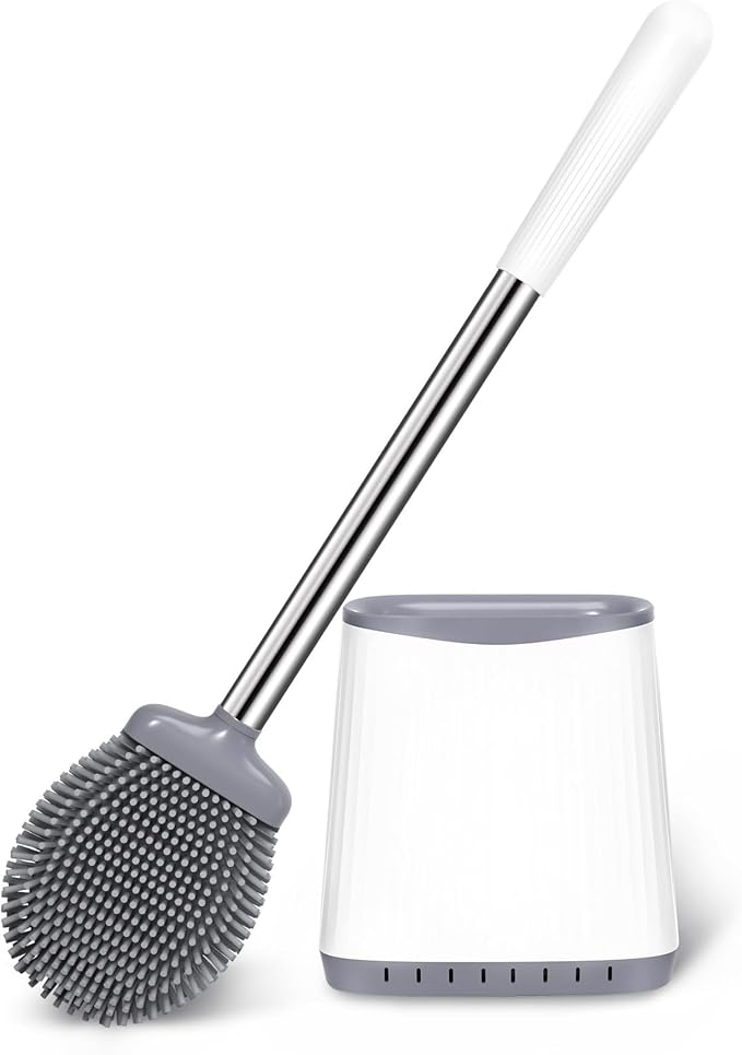 Silicone Toilet Brush and Holder, Flexible Bowl Brush Head with Ventilated Holder, Wall Mounted Compact Set for Bathroom Cleaning