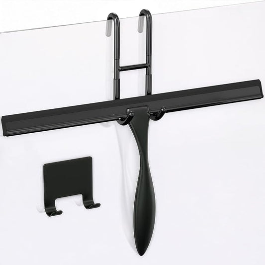 Stainless Steel Shower Squeegee, Glass, Silicone, 14 Inch (Black) | Shower Door Squeegee with Silicone Blade, Adhesive & Hanging Hooks for Mirror, Tile, Window, Car, Multi-Surface Everyday Use