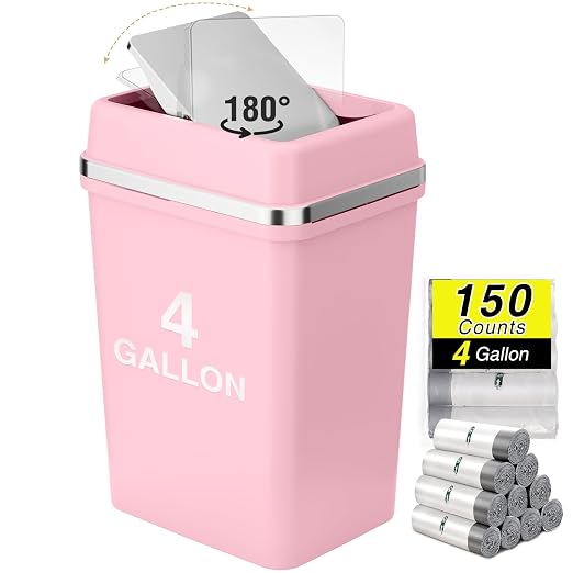 Bathroom Trash Can with Lid 4 Gallon Pink Trash Can with Swing Lid Bedroom Trash Can Small Garbage Can with 150 Counts Trash Bags for Bathroom Bedroom Office Restroom Dorm
