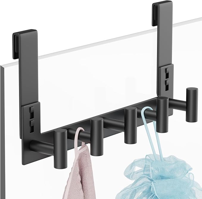 PMMASTO 7.5 Inch Hanger for 3/8 Inch Glass, Black- 5 Hooks, T Shape | Stainless Steel Hooks Organize Towels And Robes on Frameless Glass Shower Doors in Bathrooms