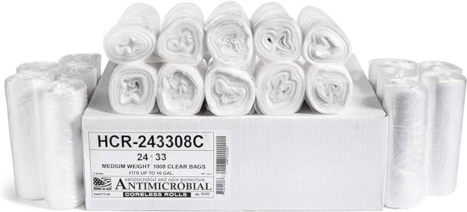 Aluf Plastics 12 - 16 Gallon Clear Trash Bags (1000 Count) - 24" x 33" - 8 Micron Equivalent High Density Value Garbage Bags for Bathroom, Office, Industrial, Commercial, Janitorial, Recycling