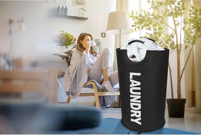 Maxsilan 90L Large Laundry Basket Bag, Collapsible Tall Hamper, Black | Freestanding tall laundry bag & foldable washing basket. Large capacity clothes storage bin with durable sturdy handles