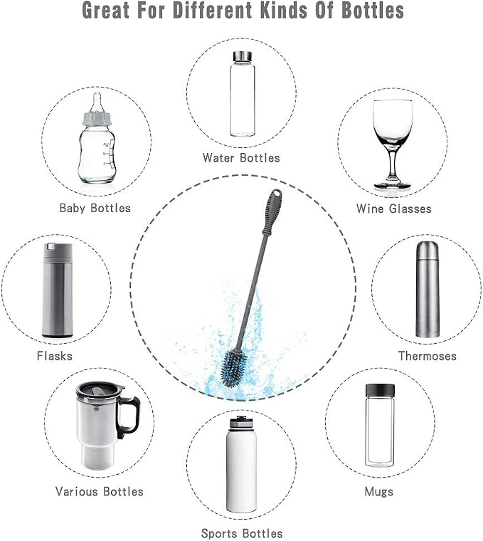 Silicone Bottle Brush with Long Handle, 12.5" Bottle Cleaning Brush, Gray | Water Bottle Cleaner for Baby Bottles, Hydro Flask, Sports Bottle, Vase, Glassware, for Smaller Diameter Bottle Openings