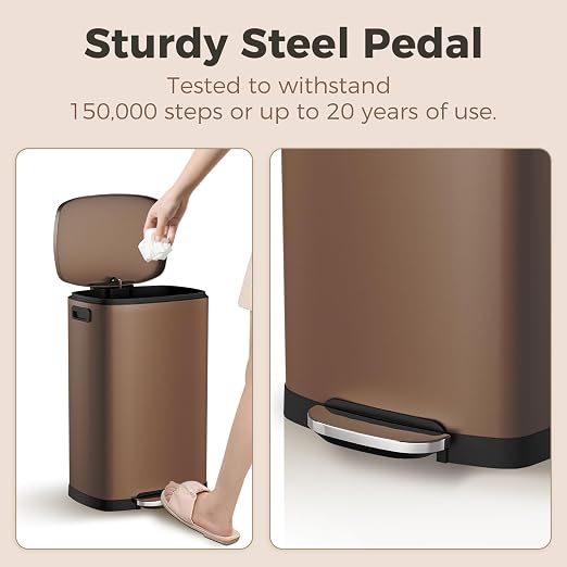 ELPHECO Kitchen Trash Can with Lid 13 Gal Stainless Steel Pedal Garbage Can | Soft Close Lid, Pedal, Heavy-Duty Fingerprint Proof Step Wastebasket with 20 Bags, Removable Bucket, Home Office, Brown