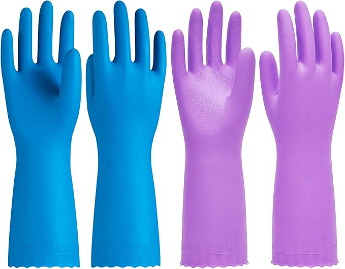2 Pairs Cleaning Gloves, Cotton Liner, Purple+Blue, Large | Waterproof dishwashing gloves with non-slip grip, Latex-Free, flexible fit for kitchen, bathroom, laundry & cleaning