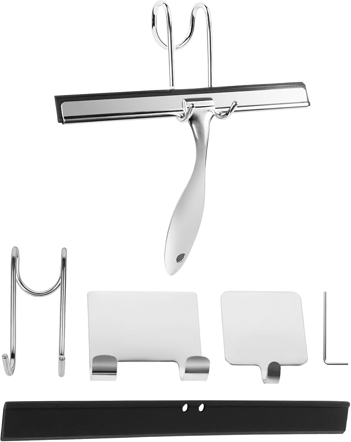 All-Purpose Stainless Steel Shower Squeegee Come with S Hook, 2 Square Sticky Hook 2 Rubber Strips Shower Squeegee for Glass Doors, Windows, Mirrors, Tiles and Car Glass -12 Inches Silver