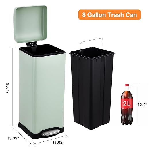 Takywep 8 Gallon/30L Stainless Steel Step Trash Can, Soft Close Pedal Garbage Bin with Detachable Inner Bucket,Fingerprint Resistant,Dual-Use Waste & Recycling Container for Home Kitchen