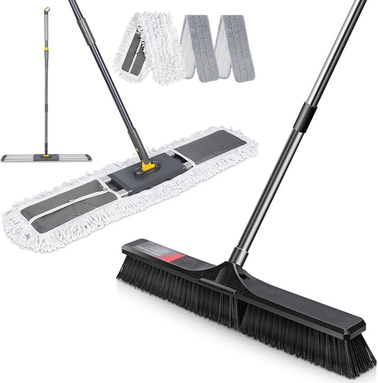 Masthome 24" Push Broom with Stiff Bristles,& 32'' Commercial Dust Mop, 60'' Adjustable Flat Mop with Long Handle, 1 Cotton & 2 Microfiber Mop Pads