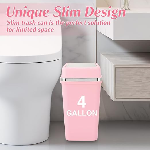 Bathroom Trash Can with Lid 4 Gallon Pink Trash Can with Swing Lid Bedroom Trash Can Small Garbage Can with 150 Counts Trash Bags for Bathroom Bedroom Office Restroom Dorm