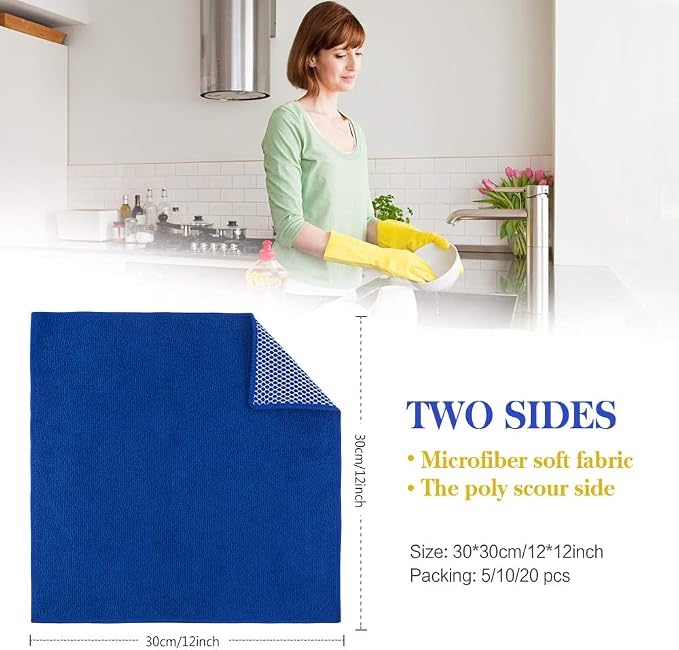 Dish Cloth for Washing Dishes Kitchen Washcloth Cleaning Cloth | 12x12inch 5pack Kitchen Towels Rags, Microfiber Cleaning Cloths, Wash Cloths with Poly Scour Side, Wholesale, Assorted