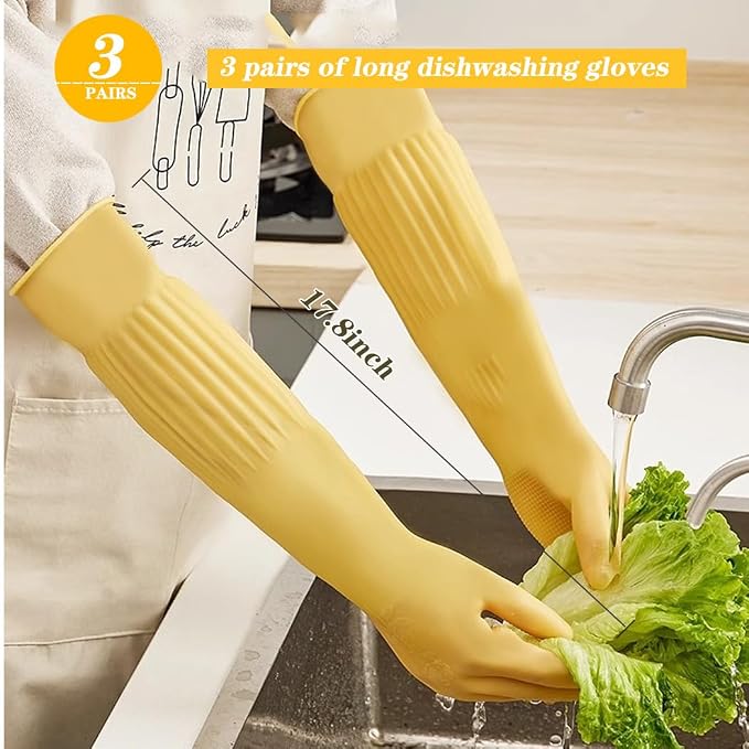 6-Pair 17.8-Inch Elbow-Length Reusable Rubber Waterproof Household Cleaning and Kitchen Dishwashing Gloves - Large Size