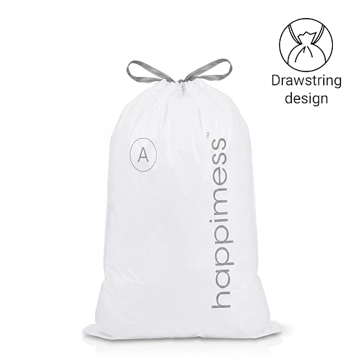 happimess 20-Count Unscented 8 Gal Drawstring Trash Bags, White, Pack of 4 | 30 Liters, Heavy Duty LDPE Plastic, Tear And Puncture Resistant, Tailored Custom Fit, Recyclable