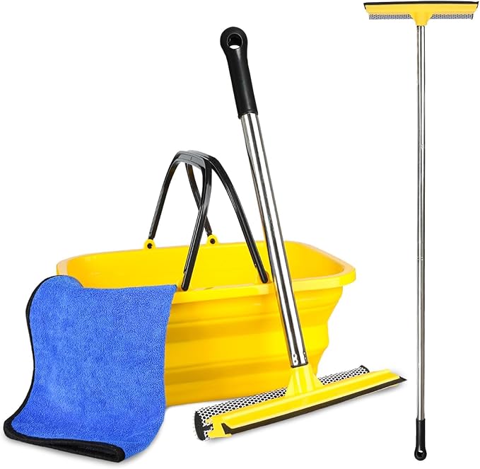 Window Cleaning Kit with 10L Collapsible Bucket | Includes a 56-inch windshield squeegee for car, home and outdoor window cleaning