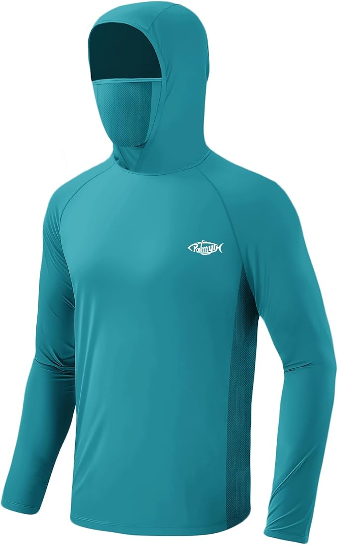 Palmyth Men's Fishing Hoodie UPF 50+ Long Sleeve with Face Mask Neck Gaiter | Zipper Pocket, Thumb Loops, Quick-Dry, Side Mesh Panels, Lens Cleaning Cloth