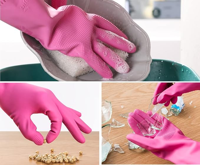 Myungjin (2 Pairs Reusable Waterproof Household Dishwashing Non-Slip Cleaning Latex Rubber Kitchen Gloves (Pink, XX-Large)