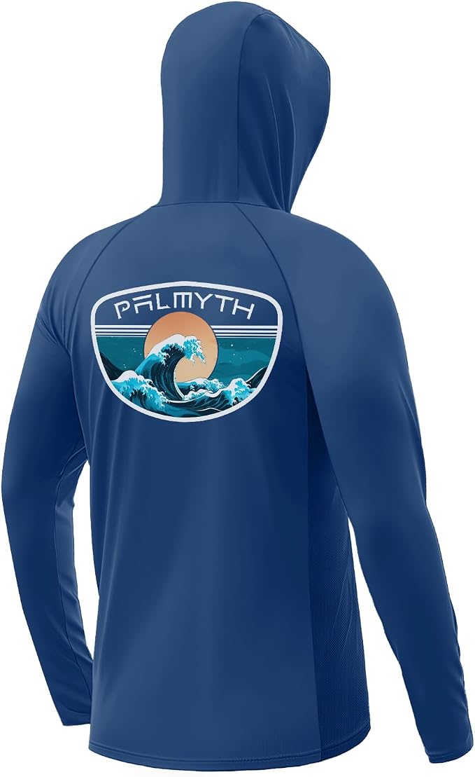 Palmyth Men's Fishing Hoodie UPF 50+ Long Sleeve with Face Mask Neck Gaiter | Zipper Pocket, Thumb Loops, Quick-Dry, Side Mesh Panels, Lens Cleaning Cloth