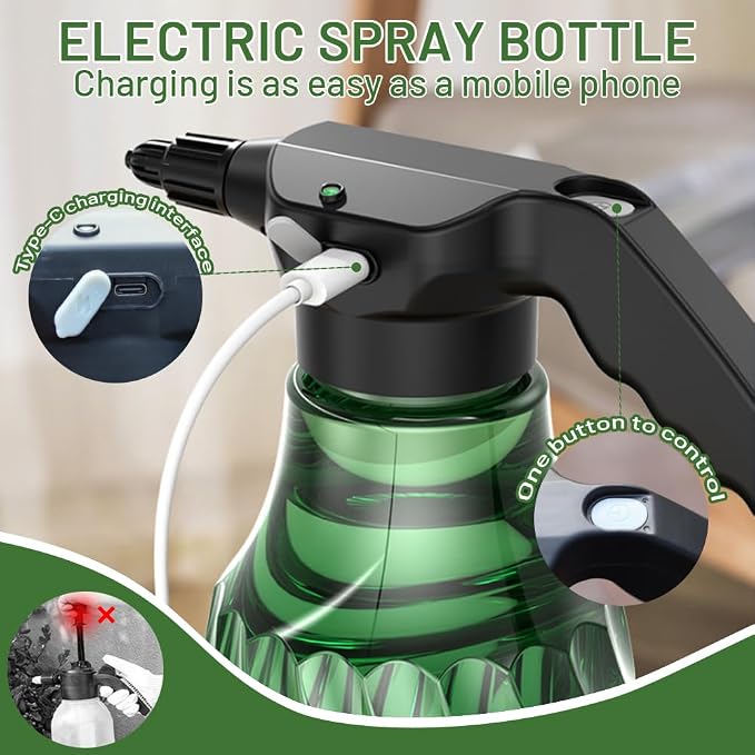 Electric Plant Mister, Rechargeable Spray Bottle for Garden | 0.53 Gallon portable sprayer with adjustable nozzle; features fine mist and continuous spray for indoor plants