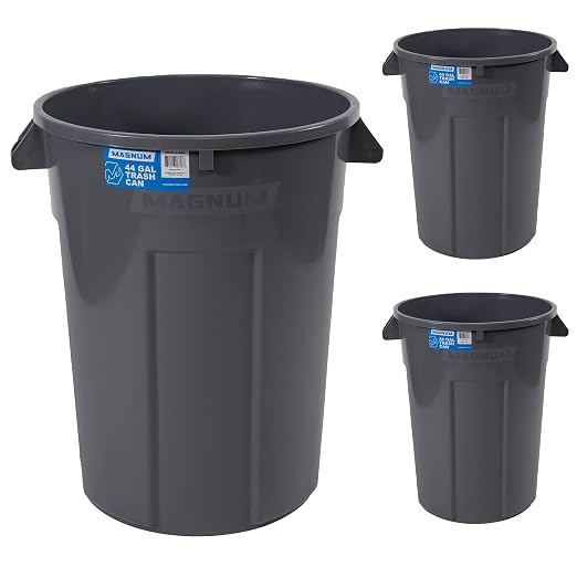 Magnum Gray 44 Gallon Trash Can, Construction Grade, Heavy Duty Plastic, Jobsite Ready for Handling and Holding Garbage CMTC-C000-44G03 (3 Pack)