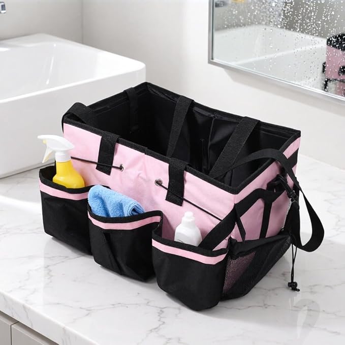 Large Capacity Portable Housekeeping Tote Bag with Adjustable Shoulder Strap and Handle, Oxford Cloth Cleaning Caddy with Detachable Divider and Multi Pocket Design for Hotels