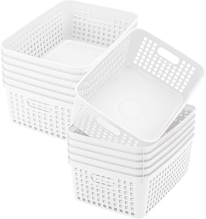 Lineshading 12 Pack Plastic Storage Baskets for Organizing, White | 13 x 10'' Large Plastic Storage Baskets Bins with Grip Handles, Stackable Mesh for Cabinets, Desktops, Shelves, Home & Office