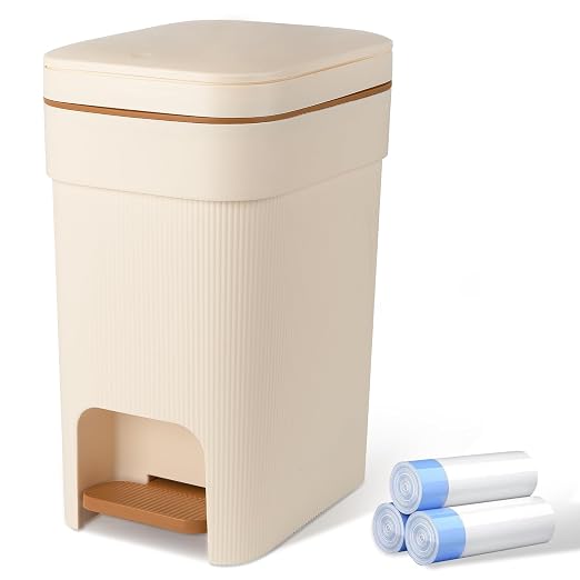 Small Bathroom Trash Can with Lid Slim Step Garbage Can 4 Gallon Cream | Stylish Decor Soft Close Trash Bin Plastic Wastebasket with Trash Bags for Kitchen Bedroom Office Living Room Toilet College