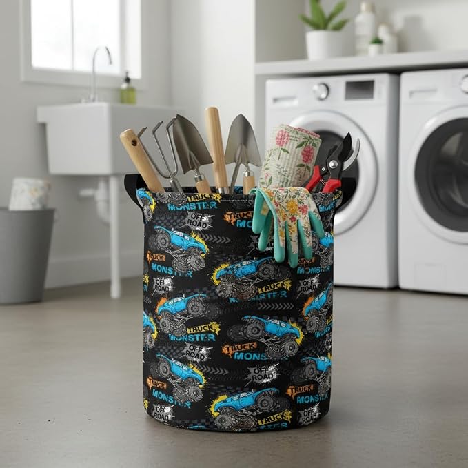 Collapsible Round Storage Basket, Waterproof Soft-Sided Organizer,Laundry Basket(Monster Truck)