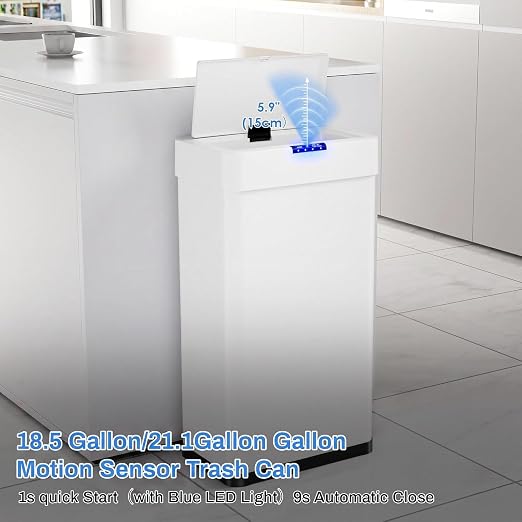 Sensor Trash Can, Touchless Motion Sensor Trash Bin | Smart Automatic Garbage Can with Soft-Close Lid, Bag Retainer Ring and Display Light, for Kitchen, Office (White, 13.2 Gal)