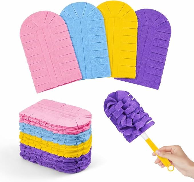 4 Pcs Reusable Duster Refills for Swiffer, Washable Fleece Duster with Handle, 360° Cleaning, Electrostatic Pads for Home, Window, Car, Fans