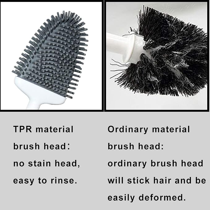Silicone Toilet Brush, Ventilation Slots Base Holder 2 Pack Silver | Flexible Bristles Flat Head for Rim, Hair Tangle-Free, Easy to Clean, Compact Design, Rustproof Handle, for Toilet/Sink/Tub