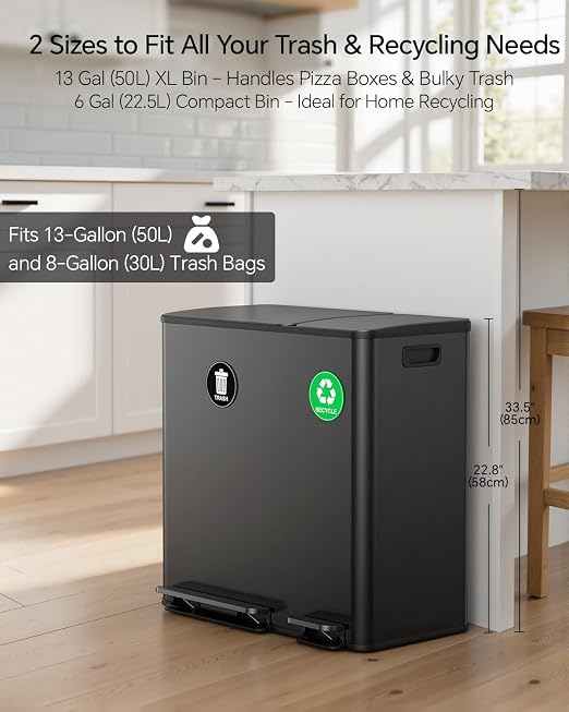 Dual Trash and Recycling Bins for Kitchen, 13+6 Gal Dual Trash Can, Black | 90 Trash Bags, Stainless Steel Garbage and Recycle Bin Combo for Large Families,Soft Close Lid & 2 Magnetic Stickers