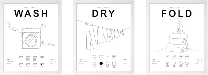 Poster Master 3-Piece Wash Dry Fold Print - Laundry Poster - Line Drawing Art - Black & White Design - Symbols & Guide Art - Minimal Laundry Room Decor - 16x20 White Framed