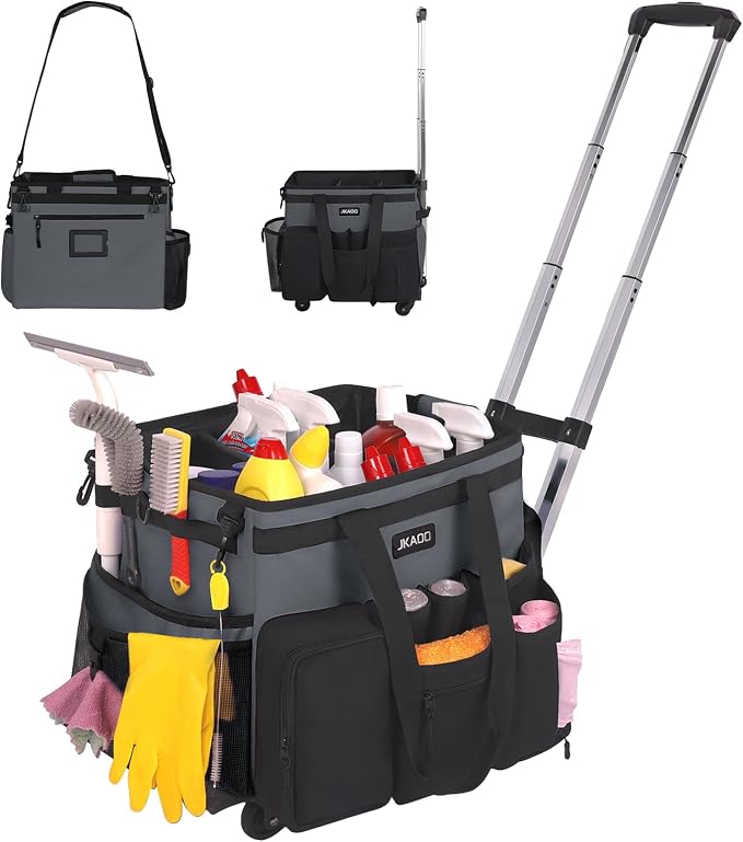 JKAOO Large Rolling Cleaning Caddy Bag with Detachable Trolley, Gray | Waterproof Cleaning Caddy with Wheels, 40L Wheeled Organizer Cart for Supplies, Housekeepers, Home, Office, Car, Picnic