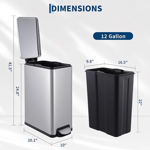 12 Gallon/45L Stainless Steel Step Trash Can, Soft Close Pedal Garbage Bin with Detachable Inner Bucket,Fingerprint Resistant,Dual-Use Waste & Recycling Container for Home Kitchen, Bathroom and Office