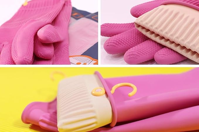 Myungjin Reusable Waterproof Non-Slip Dishwashing Household Cleaning Rubber Gloves with Hang-Dry Hook (4 Pairs/Large)