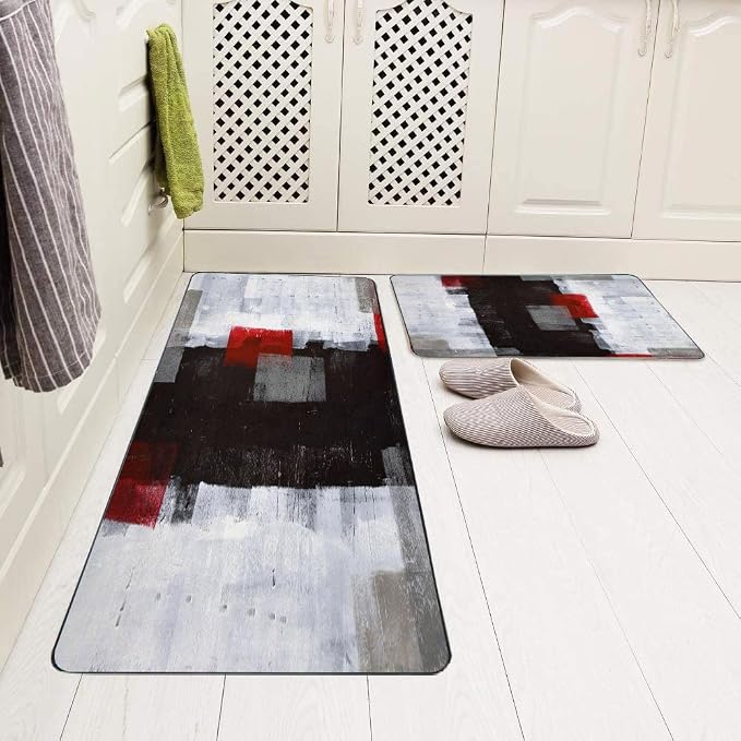 TOMWISH Red and Grey Abstract Art Painting Farmhouse Kitchen Rugs Area Rugs | Kitchen Rug 18"X48"+18"X30" Non Skid Washable Decorative Kitchen Mats Set of 2 for Kitchen Dining Room Floor Sink Laundry