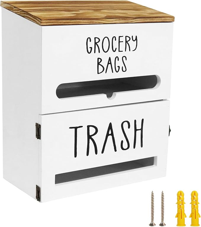 2 in 1 Trash Bag Dispenser, Double Wall Mounted,Wood Trash Bag Holder, used in kitchen, garage, laundry room, can store Environmentally friendly food bags and garbage bags (White)
